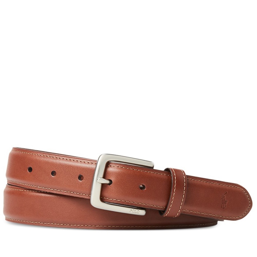 New Polo Ralph Lauren Suffield Brown Leather Single prong metal buckle Belt